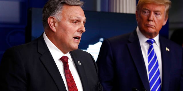 President Donald Trump listens as Bill Bryan, head of science and technology at the Department of Homeland Security, speaks about the coronavirus in the James Brady Press Briefing Room of the White House, Thursday, April 23, 2020, in Washington. (AP Photo/Alex Brandon)