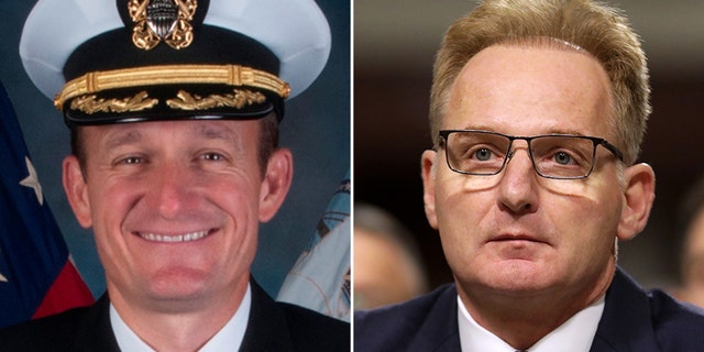 Navy Secretary Thomas Modly, right, said the ship's commander, Capt. Brett Crozier, left, 