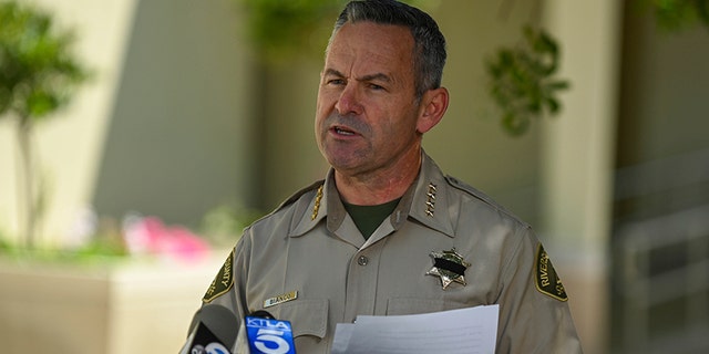 Riverside County Sheriff Chad Bianco addresses the media at a press conference, Friday, April 3, 2020, in Riverside, Calif. Bianco announced the passing of the second County Sheriff's employee to die due to the coronavirus. (Dylan Stewart/Image of Sport via AP)