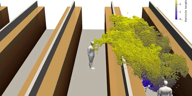 A screenshot from the video models how the aerosol cloud spreads from a person's cough.