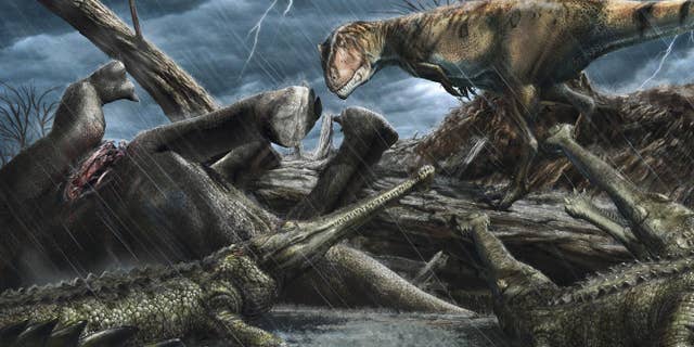 The giant predatory dinosaur Carcharodontosaurus eyes a group of Elosuchus - crocodile-like hunters - near a carcass.