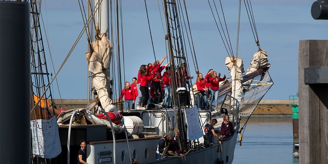 The schooner arriving in the port of Harlingen on Sunday. (AP Photo/Peter Dejong)