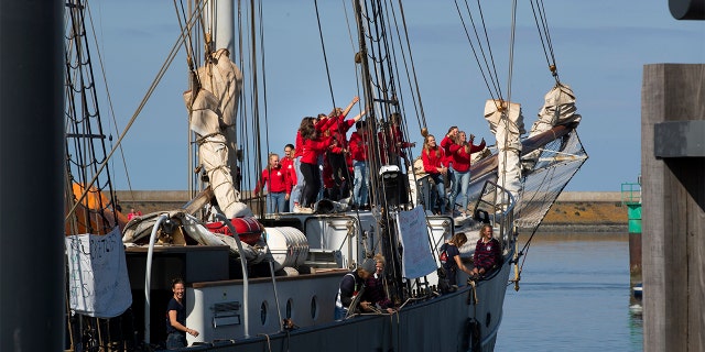 The schooner arriving in the port of Harlingen on Sunday. (AP Photo/Peter Dejong)