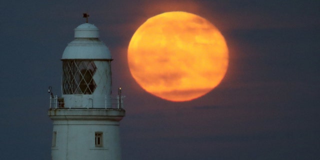The full moon, known as the flower moon, rises behind St Mary's Lighthouse just north of Whitley Bay - May 10, 2017 - file photo.