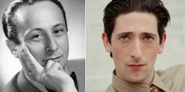 A portrait of actor Adrien Brody, right, is set opposite a portrait of Polish author and pianist Wladyslaw Szpilman. Brody portrays Szpilman in