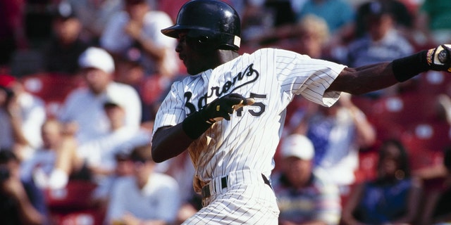 Michael Jordan #45 of the Birmingham Barons bats during an August 1994 game against the Memphis Chicks at Hoover Metropolitan Stadium in Hoover, Alabama. (Photo by Jim Gund/Getty Images)