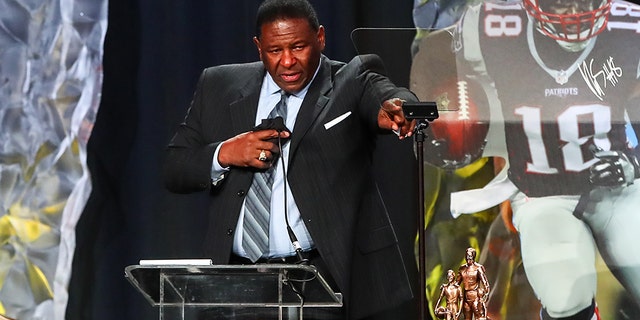 NFL Hall of Famer Jackie Slater speaks to the audience after he receives the Bart Starr Award for his son New England Patriots wide receiver Matthew Slater during the Bart Starr Award Super Bowl Breakfast on February 04, 2017, at the Marriott Marquis in Houston, Texas. (Photo by Rich Graessle/Icon Sportswire via Getty Images)