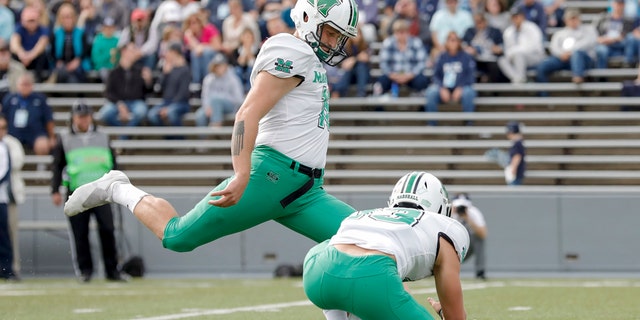 Justin Rohrwasser #16 of the Marshall Thundering Herd kicks a field goal in the first half against the Rice Owls on November 2, 2019 in Houston, Texas. (Photo by Tim Warner/Getty Images)