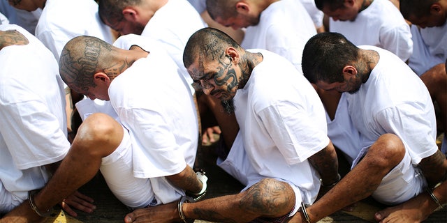 Mara Salvatrucha (MS-13) gang members wait to be escorted upon their arrival at the maximum-security jail in Zacatecoluca, El Salvador, June 22, 2017. (Reuters)