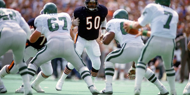 CHICAGO, IL - SEPTEMBER 14: Mike Singletary #50 of the Chicago Bears in action against the Philadelphia Eagles during an NFL football game on September 14, 1986, at Soldier Field in Chicago, Illinois. Singletary played for the Bears from 1981-92. (Photo by Focus on Sport/Getty Images)