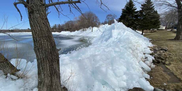 Ice piles up around Lake Mille Lacs in Minnesota on April 21, 2020.