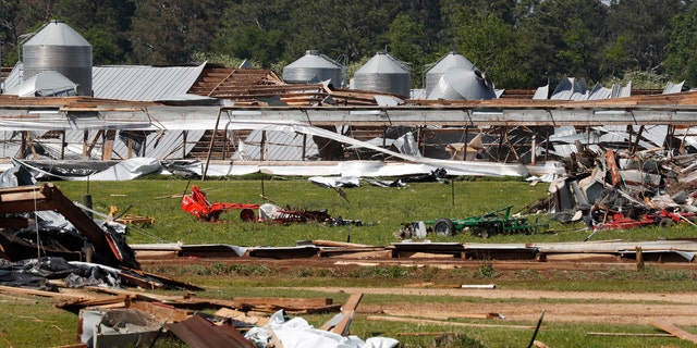 Sunday's tornado that hit Jefferson Davis County, Miss., destroyed or heavily damaged multiple buildings including these chicken houses Tuesday, April 14, 2020, in the Williamsburg community of the rural county.
