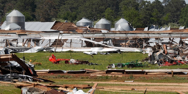 Sunday's tornado that hit Jefferson Davis County, Miss., destroyed or heavily damaged multiple buildings including these chicken houses Tuesday, April 14, 2020, in the Williamsburg community of the rural county.