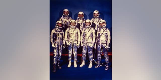 1959: The seven astronauts of NASA's Mercury programme: Walter M Schirra, Deke Slayton, John Glenn Jnr, M Scott Carpenter, Alan B Shepard Jnr, Virgil I Grissom and Leroy Gordon Cooper Jnr. (Photo by MPI/Getty Images)