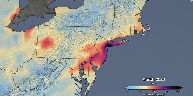 This image released by NASA shows the average concentration of atmospheric nitrogen dioxide measured in March of this year. (NASA/NASA's Scientific Visualization Studio)