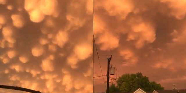 Mammatus clouds can be seen over Tulsa, Oklahoma, on April 28 after a severe tornado-warned storm swept through the city and surrounding counties.