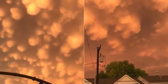 Mammatus clouds can be seen over Tulsa, Oklahoma, on April 28 after a severe tornado-warned storm swept through the city and surrounding counties.