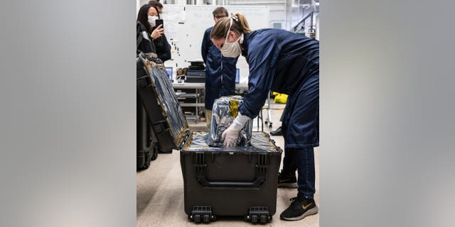 Engineers at NASA's Jet Propulsion Laboratory in Southern California prepare to ship a prototype ventilator for coronavirus patients to the Icahn School of Medicine at Mount Sinai in New York. (Credit: NASA/JPL-Caltech)