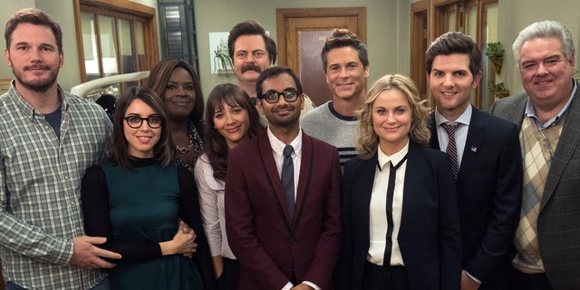 The "Parks and Recreation cast (L-R): Chris Pratt, Aubrey Plaza, Retta, Rashida Jones, Nick Offerman, Aziz Ansari, Rob Lowe, Amy Poehler, Adam Scott and Jim O'Heir -- (Photo by: Colleen Hayes/NBCU Photo Bank/NBCUniversal via Getty Images via Getty Images)