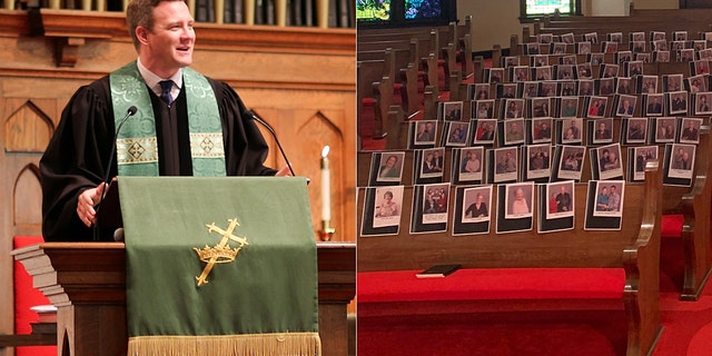 Daniel Irving, pastor of First United Methodist Church in Huntsville, Texas, taped pictures of his members to the pews as his congregation is forced to stay home amid the coronavirus pandemic.