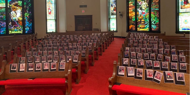 At First United Methodist Church in Huntsville, Texas, the pastor taped pictures of his members to the pews amid the coronavirus pandemic.