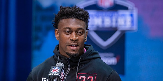 Patrick Queen of the LSU Tigers speaks to the media on day three of the NFL Combine at Lucas Oil Stadium on February 27, 2020 in Indianapolis, Indiana. (Photo by Michael Hickey/Getty Images)