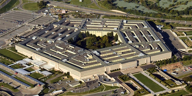 US Pentagon in Washington DC building looking down aerial view from above