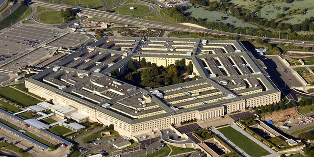 US Pentagon in Washington DC building looking down aerial view from above