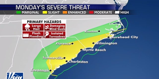 The severe weather threat shifts to the coast by Monday.
