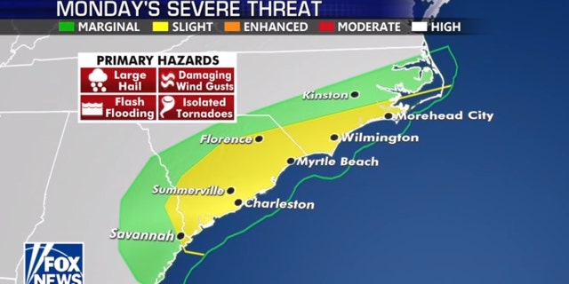 The severe weather threat shifts to the coast by Monday.