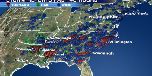 Storm reports in a two day period after a spate of severe weather across the South.