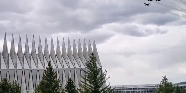 The Thunderbirds pass over the U.S. Air Force Academy on Saturday.