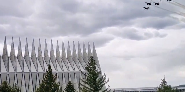 The Thunderbirds pass over the U.S. Air Force Academy on Saturday.