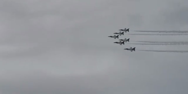 The Thunderbirds fly over the Denver area on Saturday to show support for first responders on the front lines of the coronavirus pandemic in Colorado.