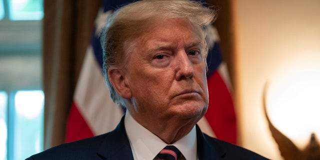 President Donald Trump listens during a demonstration of ways NASA is helping to combat the coronavirus, in the Cabinet Room of the White House, Friday, April 24, 2020, in Washington. (AP Photo/Evan Vucci)