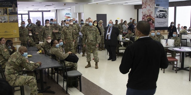 Shereef Elnahal, the president and CEO of University Hospital in Newark, N.J., welcoming soldiers from U.S. Army’s Urban Augmentation Medical Task Force 332-1, 332nd Medical Brigade during orientation at the hospital Tuesday.