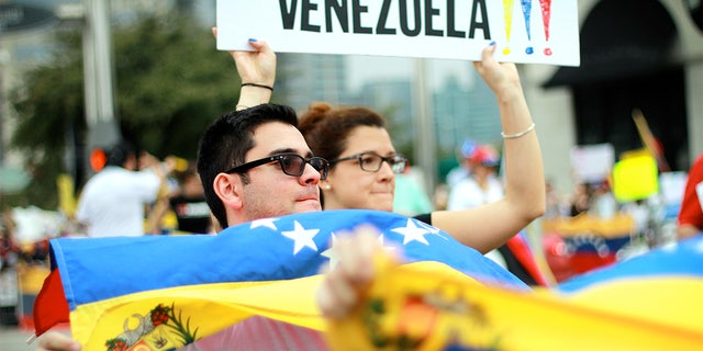 Houston, Texas, USA - February 23, 2014: Venezuelan citizens in Houston protest against the Venezuelan government and its perceived anti-Democratic policies.