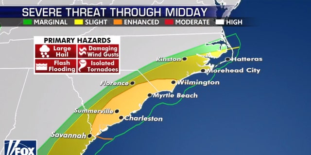 The threat of severe weather shifted to coastal areas on Monday.