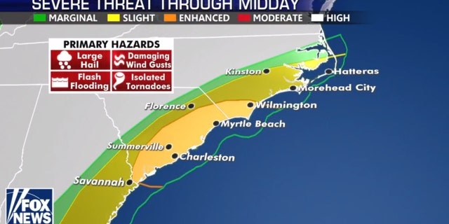 The threat of severe weather shifted to coastal areas on Monday.