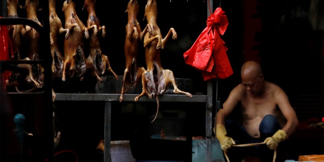 FILE PHOTO: Butchered dogs displayed for sale at a stall inside a meat market during the local dog meat festival, in Yulin, Guangxi Zhuang Autonomous Region, China June 21, 2018. REUTERS/Tyrone Siu/File Photo - RC201G99IID2