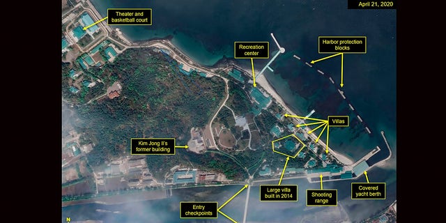 This Tuesday, April 21, 2020, satellite image provided by Maxar Technologies and annotated by 38 North, a website specializing in North Korea studies, shows an overview of the Wonsan complex in Wonsan, North Korea.