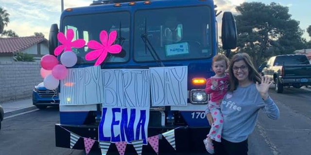 Leslie Riley’s daughter Lena recently turned three, and the birthday girl was saluted by seven trash trucks with a celebratory drive-by on April 18.