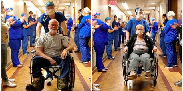 This is the heartwarming moment Jeff and Cheryl Poole left the hospital on the same day after recovering from COVID-19 as doctors and nurses cheered.