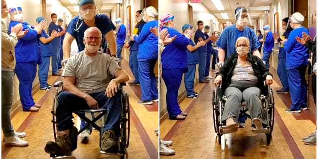 This is the heartwarming moment Jeff and Cheryl Poole left the hospital on the same day after recovering from COVID-19 as doctors and nurses cheered.