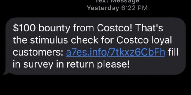 A fraudulent text message that has been sent around boating of a "stimulus check" for Costco customers.