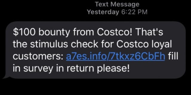 A fraudulent text message that has been sent around boating of a "stimulus check" for Costco customers.