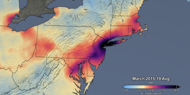 This image released by NASA shows the average concentration of atmospheric nitrogen dioxide in March of 2015-19. (NASA/NASA's Scientific Visualization Studio)