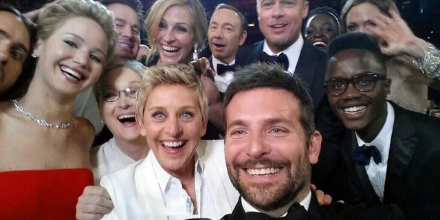 Jared Leto, Jennifer Lawrence, Meryl Streep, Ellen DeGeneres, Bradley Cooper, Peter Nyongo Jr., Channing Tatum, Julia Roberts, Kevin Spacey, Brad Pitt, Lupita Nyongo and Angelina Jolie appear in this selfie taken during the 2014 Oscars.