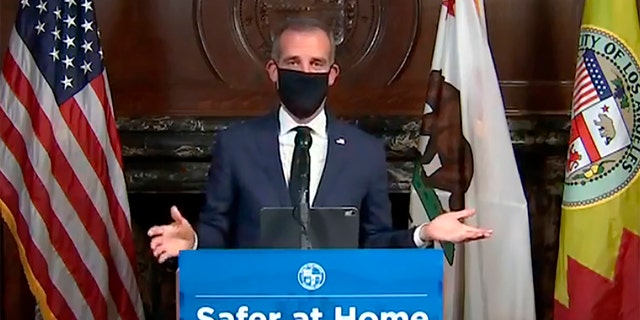 Los Angeles Mayor Eric Garcetti speaks to reporters at City Hall in an undated photo. (Office of Mayor Eric Garcetti via AP)