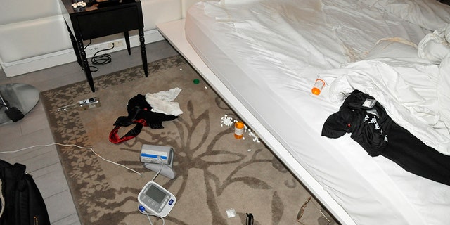 In this March 13, 2020, photo made available Wednesday, April 23, by the Miami Beach Police Department shows the hotel room where former Florida Gubernatorial candidate Andrew Gillum was found drunk and with two other men.] (Miami Beach Police Department via AP)